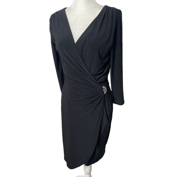 Lauren Ralph Lauren Dress Women 8 Black Faux Wrap Rhinstones New NWT Stretch